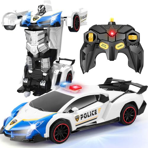 Getatoy Toys for 5-12 Year Old Boys: Transforming Remote Control Police Car Toys Gifts for Age 5 6 7 8 9 10 11 12 Year Old Boys Kids Birthday Presents Toy Transforming 2 in 1 RC Robot Police Car Blue