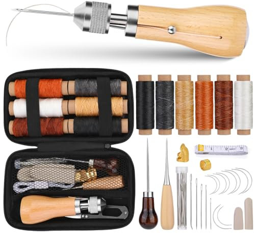 40pcs Sewing Awl Kit, Portable Awl Tool Sewing with Instructions, Leather Awl Sewing Punch with Bag, Leather Sewing Waxed Thread Kit for DIY Repair Craft