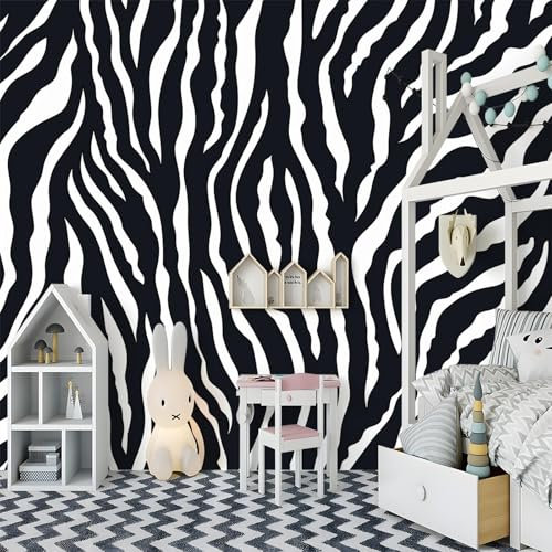 Fototapete Schlafzimmer 200 x 140 cm 3D Druck Zebra Fellmuster Vliestapete, Wandtapete Wandbilder, für Wohnzimmer, Kinderzimmer, TV Hintergrund Vlies Tapete, Schwarz