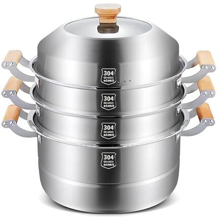 GUUFUFA 40cm, Juego de vaporera de 4 Niveles de Acero Inoxidable 304 con Bandeja Base, 3 vaporeras y Tapa, Apta para inducción, Olla para Sopa Comercial/doméstica en Caja de Regalo