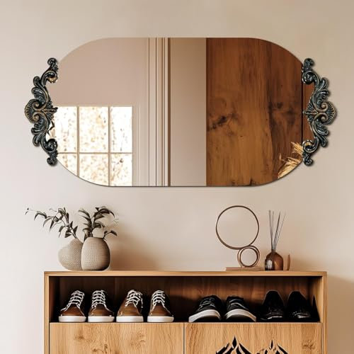 Artloge Miroir Mural Décoratif Baroque: 50×100cm Miroir Oval d'Entrée Vintage avec Decoration Sculptée Ancienne Dorée Grand Miroir de Maquillage Antique Design pour Chambre Salon Café