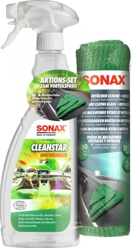 SONAX CleanStar mit MicrofaserTüchern Scheibe+Innen AktionsSet (1 Set) Autoinnenreiniger für Stoff, Polster, Alcantara, Leder, Cockpit, Kunststoff, Gummi, Glas, Displays | Art-Nr. 02537410
