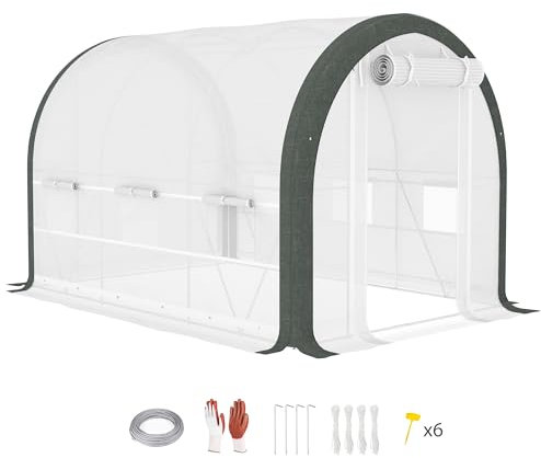 Outsunny 3 x 2(m) Walk-in Polytunnel Greenhouse with Upgraded Structure, Zipped Roll Up Mesh Door, 6 Mesh Windows, Tunnel Warm House Tent with PE Cover, 6 Plant Labels and Gloves, White
