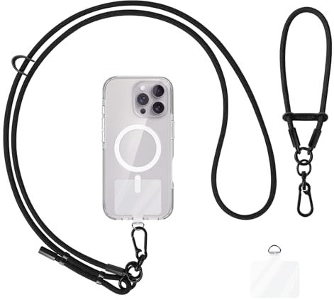 AULEEP Universal Handyband zum UmhÃngen Klassische Handykette Kurz (Schwarz) - Diebstahlsicherer Handy Schnur zum, 6 mm Handy Band zum Umhängena mit Smartphones, 2 Kunststoff-Patchs (2 Stück)