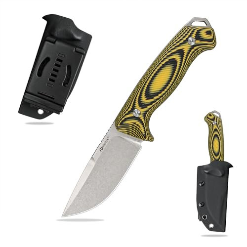 SDOKEDC DC53 Stahl messer Feststehende Klinge G10 Griff mit Kydex Scheide für Männer EDC Camping Survival Outdoor (Weißer Stein wash+gelber Griff)