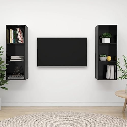 UJCHVHN Lot de 2 meubles TV muraux en bois d'ingénierie noir brillant, centres de divertissement et supports TV