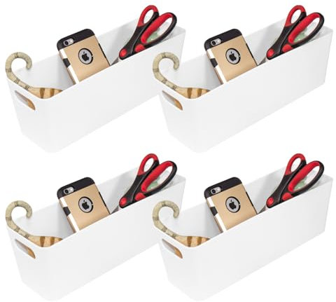 Set Of 4 White Long Storage Baskets Glossy Plastic Organiser Drawer Kitchen Cupboard Cleaning
