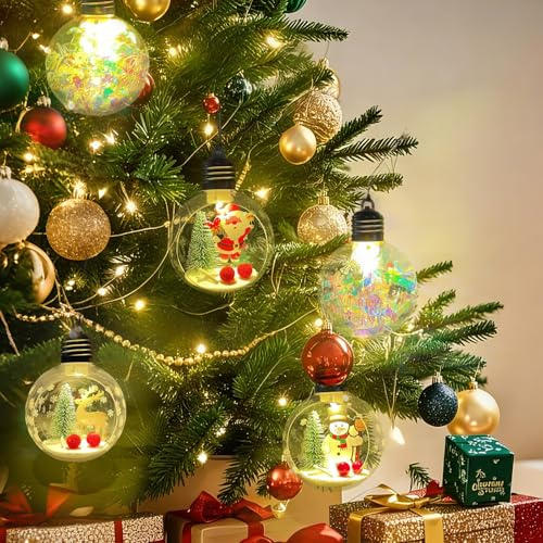 Fancysky Weihnachtskugeln Beleuchtet - Set mit 5 Christbaumkugeln Led, Leuchtende Christbaumkugeln, Leuchtende Weihnachtskugeln Verziert mit Weihnachtsmann, Schneemann, Rentier und roten Beeren