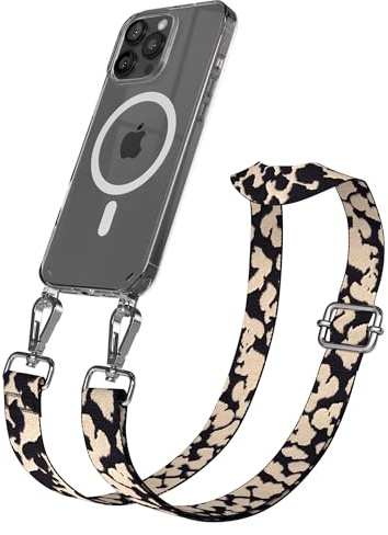 EAZY CASE Handykette - Verstellbares Taschenband kompatibel mit iPhone 16 Pro Max, Schulterriemen, Handykordel mit Silikon Hülle, Qi Charging kompatibel, Umhängetasche, Taupe Camouflage Silber
