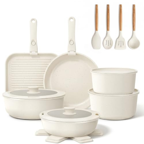 YASHE 21Pcs Nonstick Pans and Pots Set with Detachable Handles, Oven Safe | Stackable Granite Cookware Set for RVs, Camping, Induction Compatible, Non-Toxic PFOA/PFOS-Free