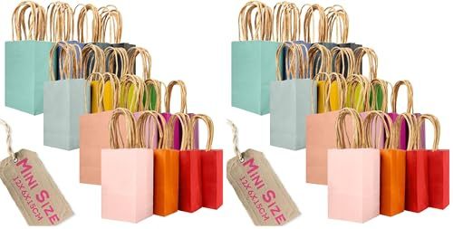Gcardist 32 Stück Mini Papier Gunst Taschen mit Griffen 6x4.5x2.5 16 Regenbogen Farben Kleines Geschenk Kraft Party behandeln Taschen (12x6x15cm，Mini Größe) (Packung mit 2)