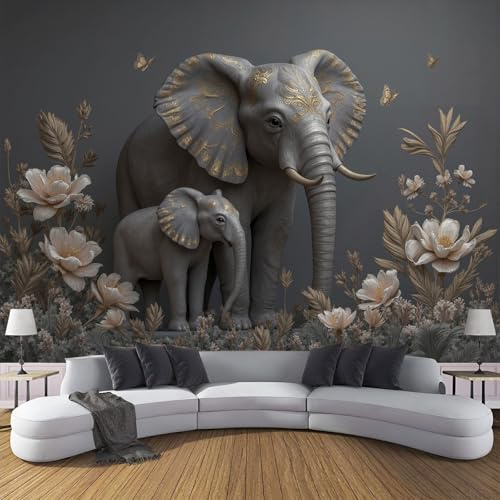 WIVCOMD Éléphant Bébé Papillon Papier Peint Panoramique, Animaux Fleurs Papier peint soie, 400 x 280 cm Tableaux Poster Photo Décoration MuraleSalon Chambre, Gris
