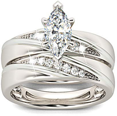 Jeulia Lot de 2 bagues pour femme en argent sterling - Coupe marquise diagonale - Bijoux pour mariée - Bague de fiançailles, Argent, Zircone