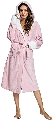 Tuopuda Peignoir de Bain Femme Polaire à Capuche Robe de Chambre Sortie de Bain à Capuche Pyjama Hiver Chaude Peignoirs avec Ceinture Poches Nuisette Vêtements de Nuit pour Fête Mariage, Rose