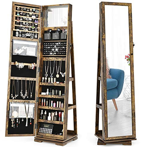 CASART Jewellery Cabinet, 3 in 1 Standing Jewelry Armoire with Full-Length Mirror and Storage Shelf, Lockable Jewellery Organiser for Earring Ring Necklace Cosmetics (360° Swivel Rustic Brown)