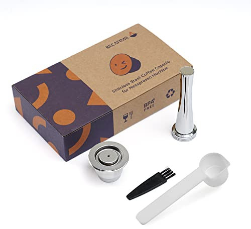 Cápsulas de filtro de café Reutilizables Nes*presso, Acero Inoxidable recargable, cuchara + cepillo (Capsule + Tamper)