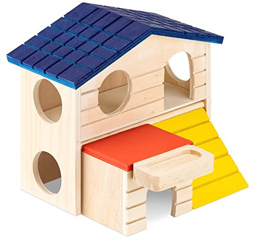 Navaris Hamster Haus aus Holz bunt - 2 Etagen Spielhaus für den Käfig - Goldhamster Zwerghamster Mäuse Holzhaus - Zubehör Spielzeug - Nager Häuschen