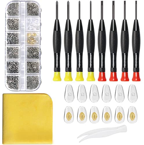 eglass Repair Kit with Glasses Screws - Contains Magnetic Precision Screwdriver kit and Nose Pads, Cleaning Cloth, Tweezers, Complete Glasses Repair Kit