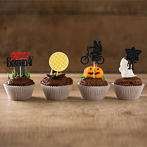 24 Stück Stranger Happy Birthday Cupcake-Topper Glitzer Fremde inspiriert TV-Programm Thema Cupcake Picks für Fremde Thema Babyparty Kinder Geburtstag Party Kuchen Dekorationen Zubehör