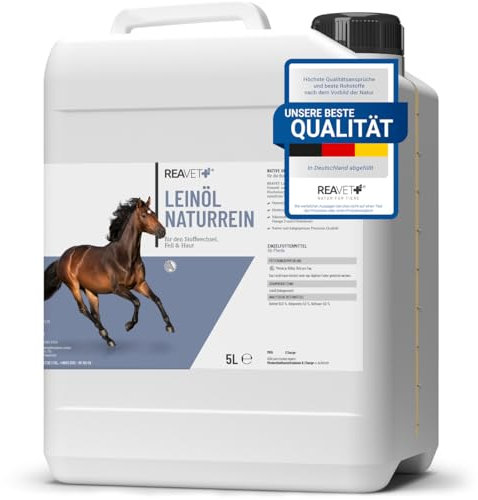 ReaVET Leinöl für Hunde & Pferde 1 Liter I Leinöl Hund Kaltgepresst, Nativ, Reich an Omega 3 & 6 Fettsäuren I Barf-Zusatz, Hochwertiges Barf Öl Hund, Katze, Pferd