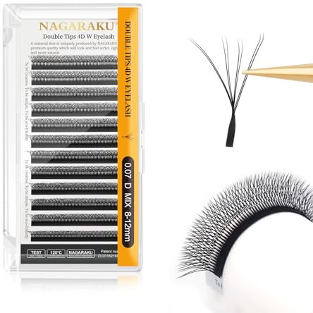 NAGARAKU Double Tips 4D Lashes, W Shape Eyelash Extensions Premade Fans 0.07mm D Curl 8-12mm Mix 8D Russian Volume Lash Matte Pre Fanned Black False Eye Lashes