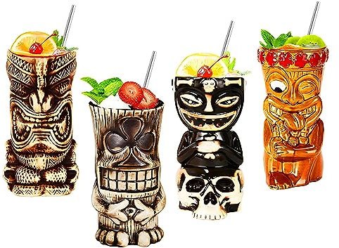 Morlinca Tiki Mugs - Tiki Mugs Set di 4 - Bicchieri Tiki in Ceramica Bicchieri da Cocktail Tiki Bar Decor Tiki Cocktail Party - Feste a Tema Tiki - Feste di Halloween - Festa Hawaiana,A2