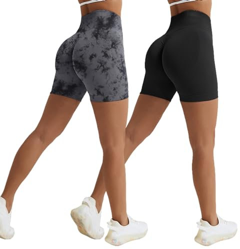 Vertvie Damen Gym Shorts Booty Scrunch High Wasit Sport Shorts Nahtlose Sporthose Kurz Leggings Workout Push Up Radlershorts Fitness Laufen(2pc/Schwarz/Tie Dye Schwarz,M)
