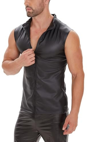 xokesy Herren Sexy Tanktop aus weichem Leder, elastisches Mattes Leder, ärmellose Lederweste mit Reißverschluss für Nachtclub Party