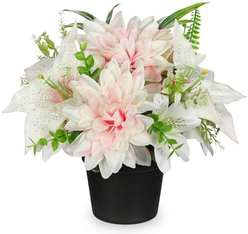 Briful Flores artificiales pequeñas de 25 cm, dalia rosa, lirios blancos, flores de seda en maceta, flor falsa para decoración de interiores y exteriores