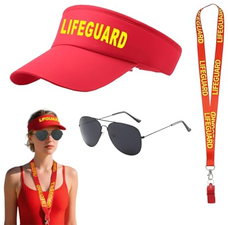 OIXYEY 1 Set Baywatch Kostüm, Rettungsschwimmer Kostüm, Mit Rettungsschwimmerhut Und Wächterpfeife, Rettungsschwimmer Zubehör, Sonnenbrille, Rot, Verstellbare Sonnenschutz, Für Erwachsene Karneval