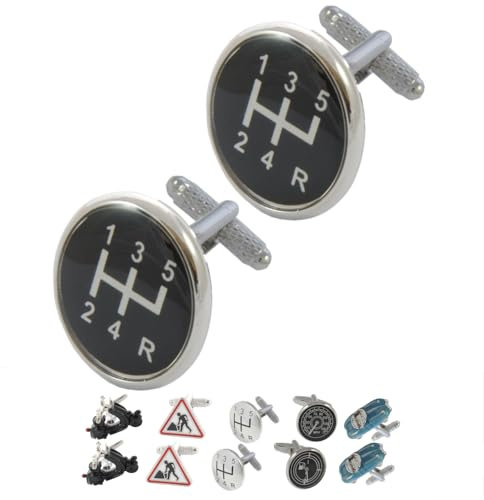 COLLAR AND CUFFS LONDON Gemelos Camisa Hombre Auto Negro - con Caja - Gemelos para Camisas - Palanca De Cambios Entusiastas del Automóvil - Latón - Color Negro y Blanco - Redonda Coche - Un Par