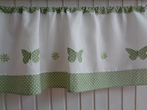 Arinosa Scheibengardine Landhaus Grün Weiß Punkte Schmetterling H48xB140 cm