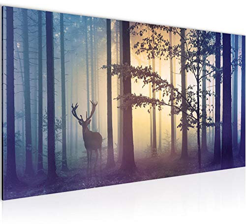 Runa Art Wandbild Wald Hirsch 1 Teilig 100 x 40 cm Modern Bild auf Vlies Leinwand Nebel Schlafzimmer Wohnzimmer Blau 013412a
