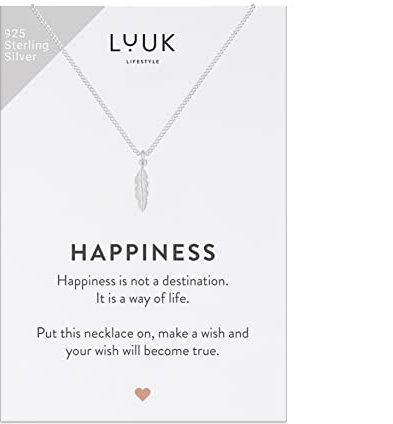LUUK LIFESTYLE Halskette aus 925er Sterling Silber mit Feder Anhänger, HAPPINESS Geschenkkarte, trendiges Schmuckstück für Frauen, Geschenk für die Freundin, Glücksbringer, Silber