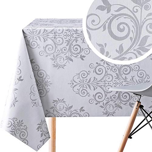 KP Home Abwischbare PVC Tischdecke Rechteckig 200 x 140 cm, Wasserabweisendes Wachstuch, Esstischdecke, Pflegeleicht, Grau und Silber Barock Damast Arabeske mit Geprägten Orientalischen Ranken
