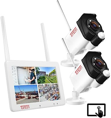 Tonton Überwachungskamera Außen mit Monitor, 4-Kanal 7Zoll-Touchscreen mit 2 *3MP Kameras mit PIR Personenerkennung, Bildschirm mit Aufladbarem Akku, 2-Wege-Audio, 30M Farbnachtsicht, 32GB SD Karte