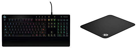 Logitech G213 Clavier Gaming Prodigy, RVB, Rétroéclairé - Disposition AZERTY Française & SteelSeries QcK - Tapis de souris Gaming - 320mm x 270mm x 2mm - Tissu - Base en gomme - Noir