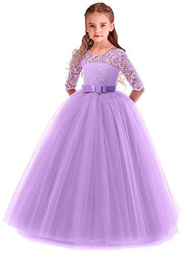 MYRISAM Elegante Vestito per Ragazze Abiti Damigella Manica 3/4 Principessa Abiti Lungo Tulle Pizzo Cerimonia Compleanno Prima Comunione Battesimo Natale Halloween Carnevale Cocktail Viola 7-8