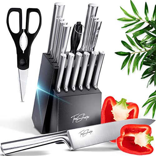 Toni Sharpe 16Pcs Kitchen Knife Set with Wooden Knife Block | Ultra Sharp Japanese Kitchen Knives (Silver, Pack of 16)