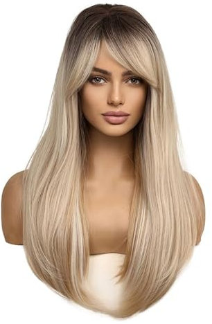 VEBONNY Ombre Braun Hellblonde Perücken mit Pony, Synthetik Haar Platinblonde Perücken für weiße Frauen, Natürlich gerade braun-blond Perücke VEBONNY-203