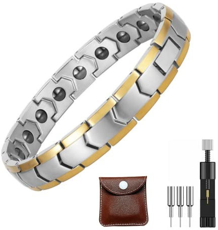 GROUNDSHAKER® Titanium Magnetic Therapy Hematite Bracelet for Men - Magnets Wristband with Free Links Removal Tool, Gifts for Him (Silver&Gold)