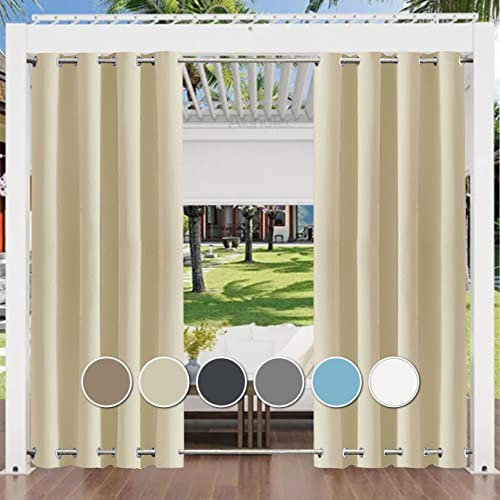 Outdoor Vorhang Wetterfest mit Ösen Oben und Unten (Viele Höhen & Breiten Zur Auswahl) Wasserdicht Sichtschutz Terrasse Sonnenschutz für Balkon Veranda Pergola Gartenlaube,90x200cm(B X H) Beige