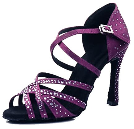 LITNERMIA Sandali da Donna per Festa di Nozze, Peep Toe Cinturino Incrociato Strass Tango, Sala da Ballo Latino Scarpe da Ballo, Viola 10cm Tacco, 41 EU