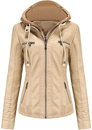 E-girl Damen Beige Lederjacke Schlank Kurz Kunstleder Kapuze Jacket Reißverschluss Motorrad Jacke für Frühling und Herbst,4XL,C6699N