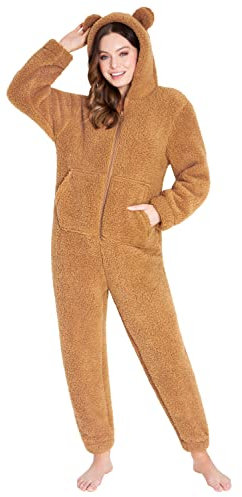 CityComfort Onesies for Women, Teddy Fleece Onesie, Warm Fluffy Loungewear (Teddy Brown, L)