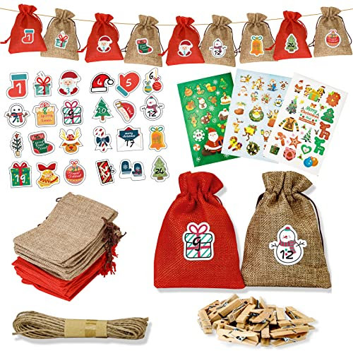 Makone Adventskalender zum Befüllen zu Hause, 24 Tüten DIY Adventskalender 2022 mit Weihnachtsaufklebern mit weihnachtlichen Geschenkanhängern und Clips