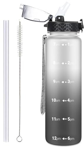 OLDLEY 1L/32oz Sports Water Bottle with Straw, 1000ml Motivational Drinks Bottle with Time Markings Leak Proof Drink & Lock Cover, BPA Free for Gym School Cycling Running Hiking