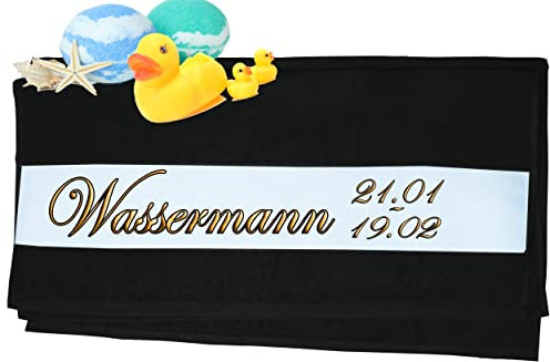 Handtuch mit Sternzeichen personalisiert bedruckt| Duschtuch, Badetuch, Saunatuch, Sporthandtuch| Frottiertücher |Geburtstag persönliches Geschenk Idee | Größe:70x140cm (Wassermann, Schwarz)