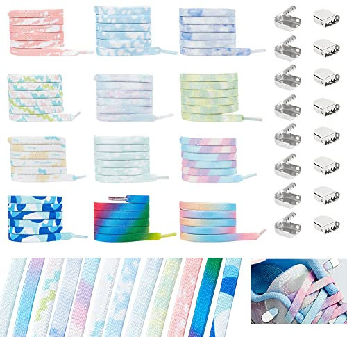 PandaHall 12 Paar Elastische Schnürsenkel 12 Farbverlauf Schnürsenkel Ohne Schnürsenkel Flache Schnürsenkel Mit Batikmuster 0.3 breite Schnürsenkel Ohne Krawatte Mit 48 Metallclips Für Turnschuhe