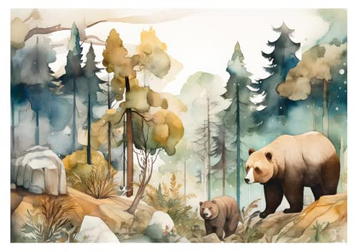 WallArena - Vlies Fototapete Kinderzimmer 416x254 cm Wald Tiere Bär Pastell - Fototapeten Tapeten für Kinder Kindertapete Kinderzimmertapete - Vliestapete Wandtapete Tapete 3D Effekt